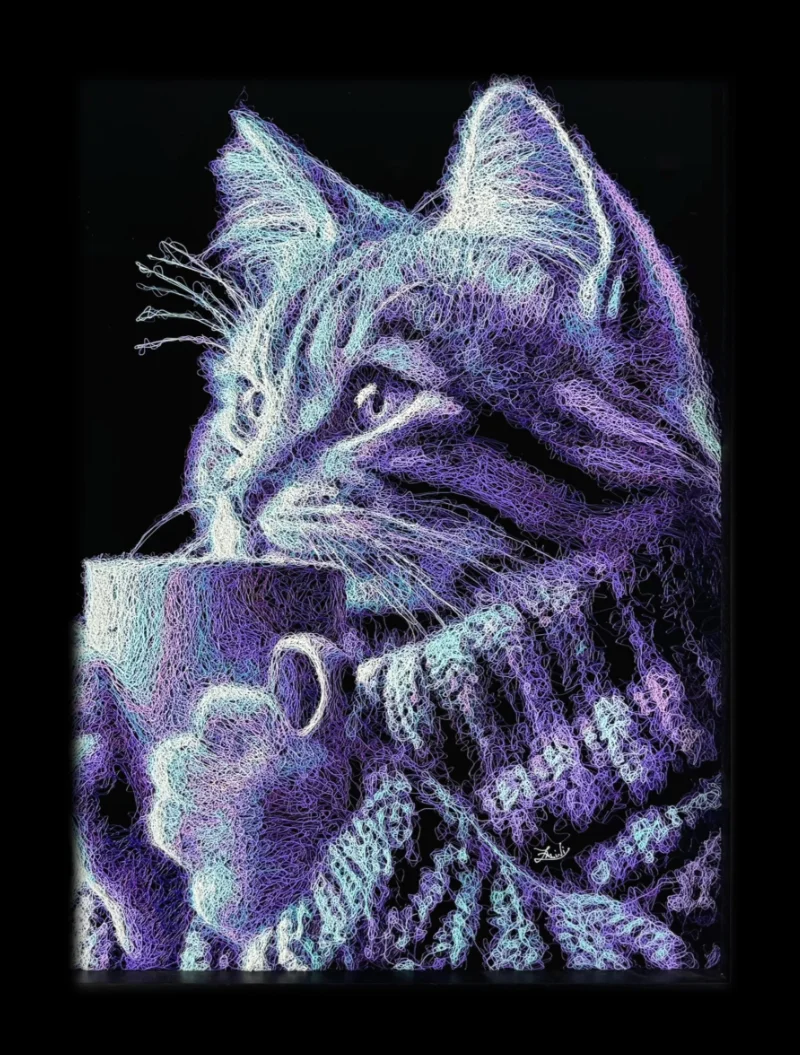 Cat drinking cup of coffee painting