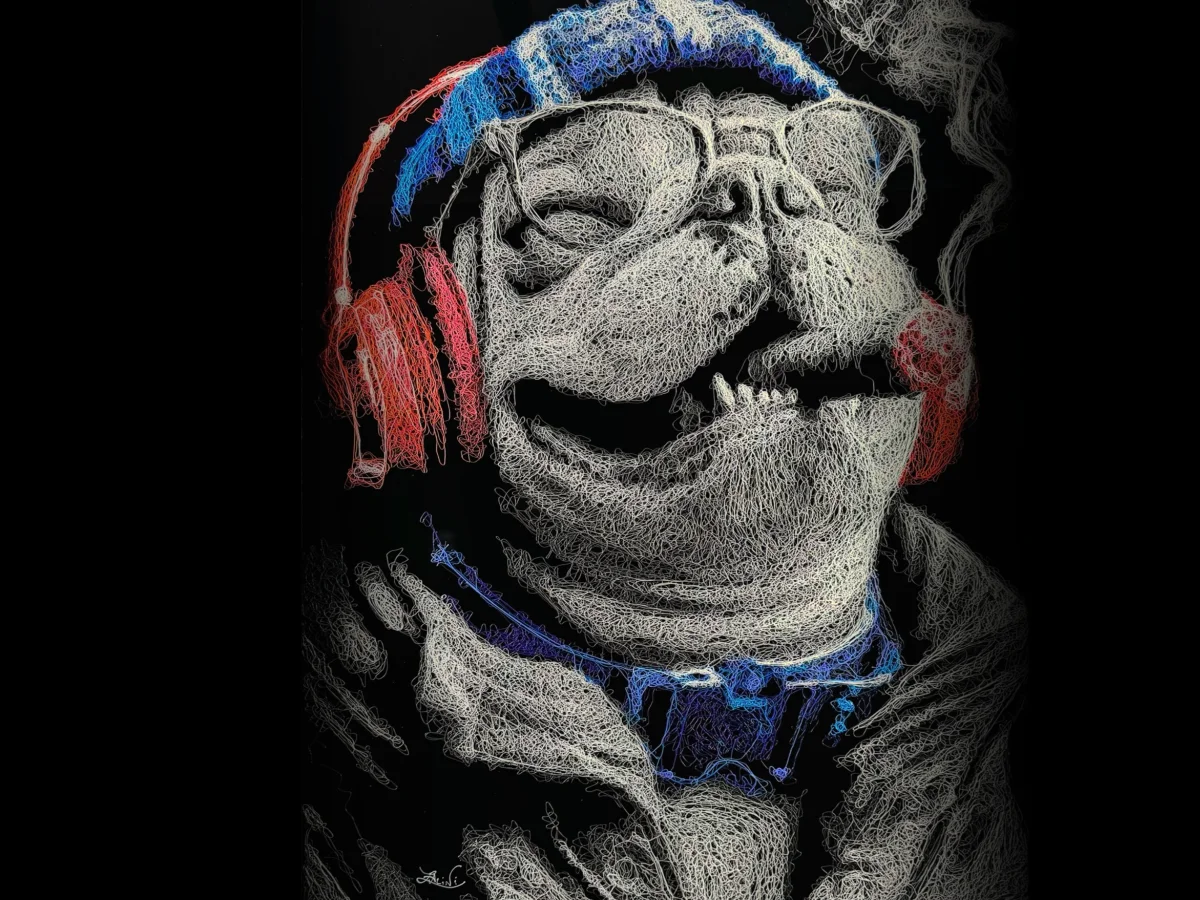 Bulldog wearing headphones and smoking