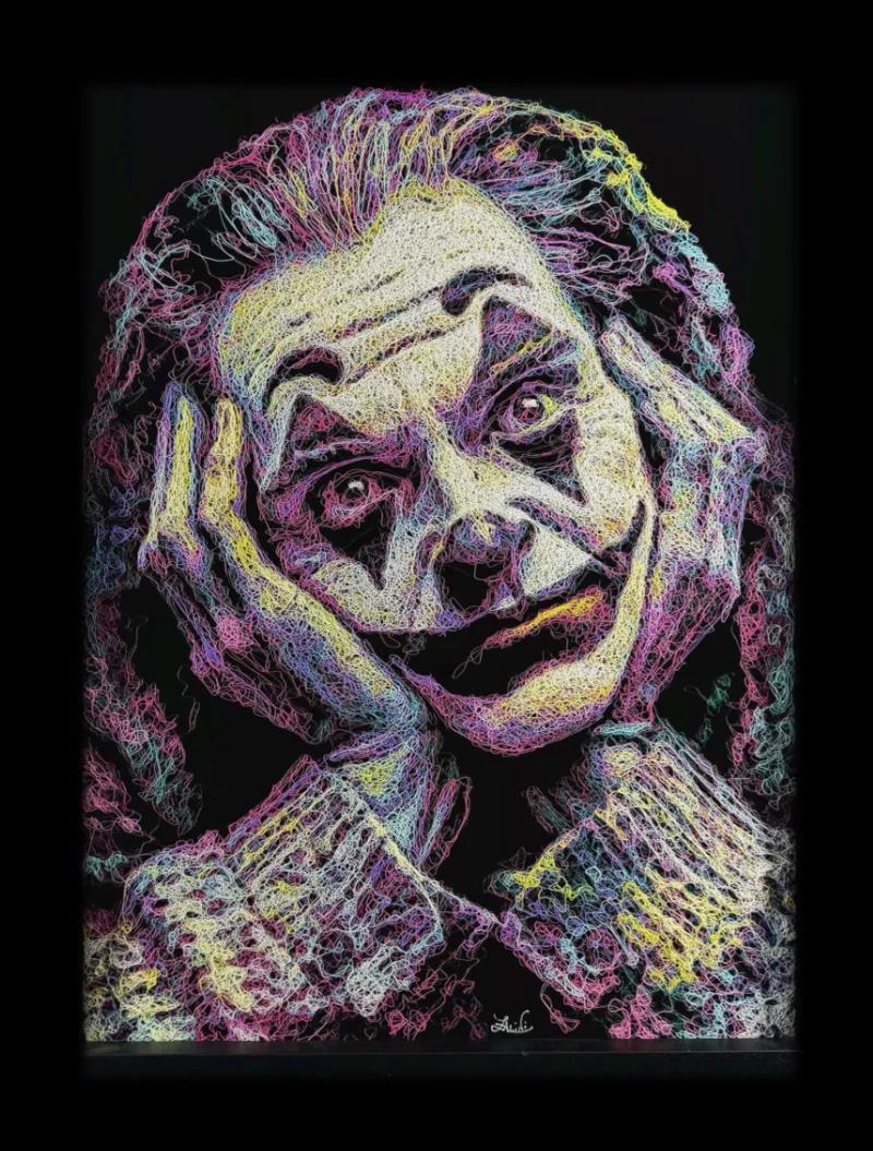 Painting of joker holding head in hands